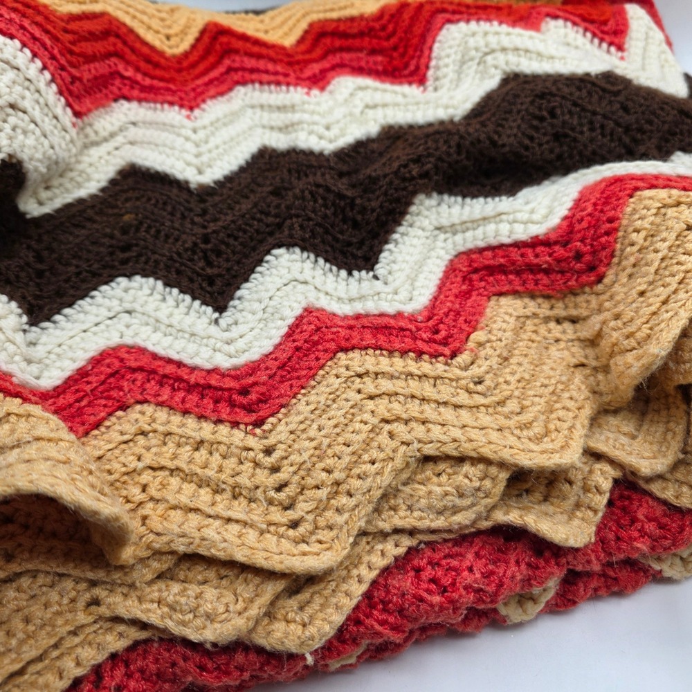 Handmade Crochet Chevron Afghan Blanket Brown Cream Orange Red Large 67x100